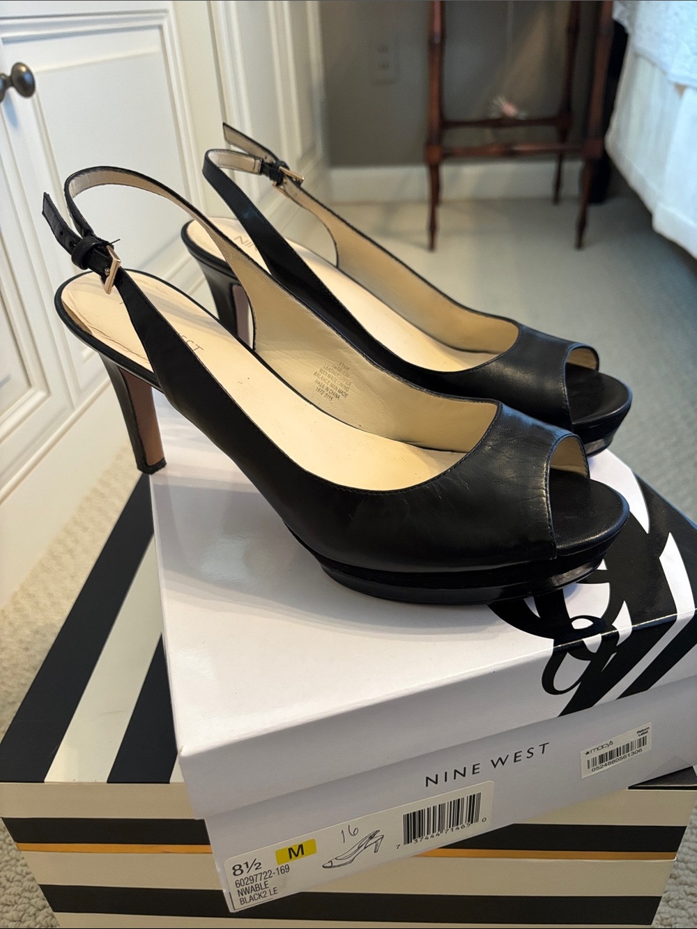 Nine West Black Leather Peep-Toe Slingback Heels with Platform